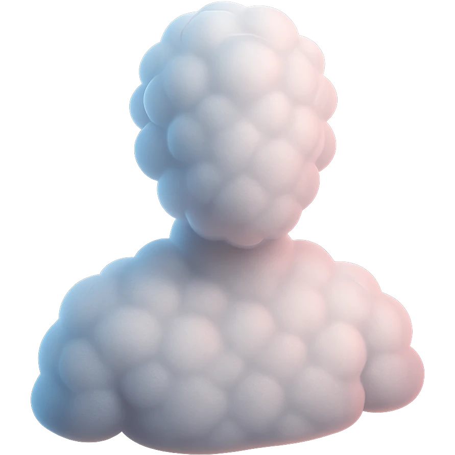 person made entirely of white fluffy convex clouds with a soft pink glow, shoulder up, front view, matte glass style, no background emoji