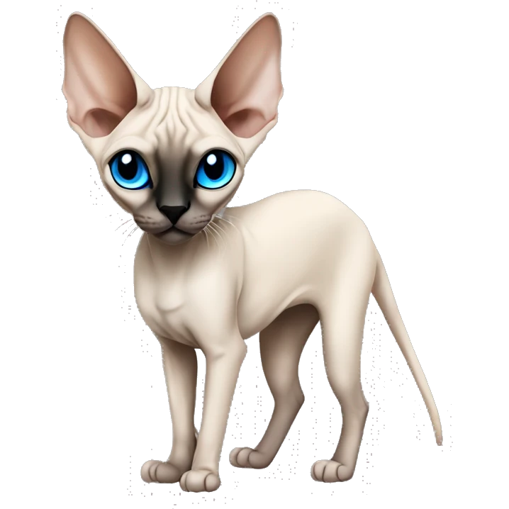 Siamese Sphynx  cat with blue eyes, full thin body stand, black nose ears and tail emoji