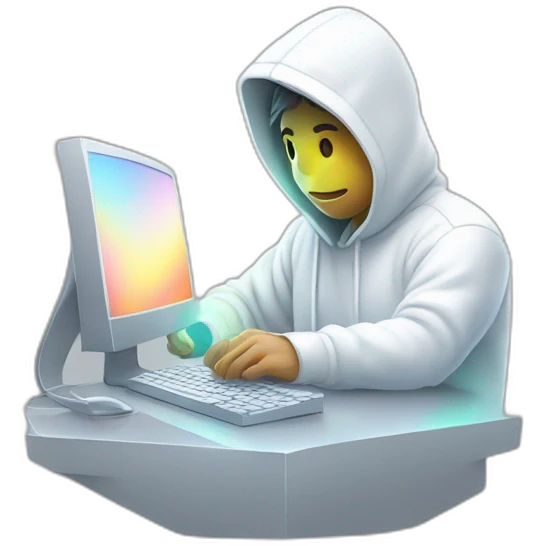 developer using white hoodie at computer liquid iridescent light emoji