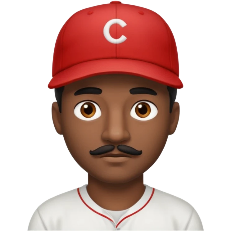 A dark-skinned man with a baseball cap, brown eyes, and a thin black mustache. emoji