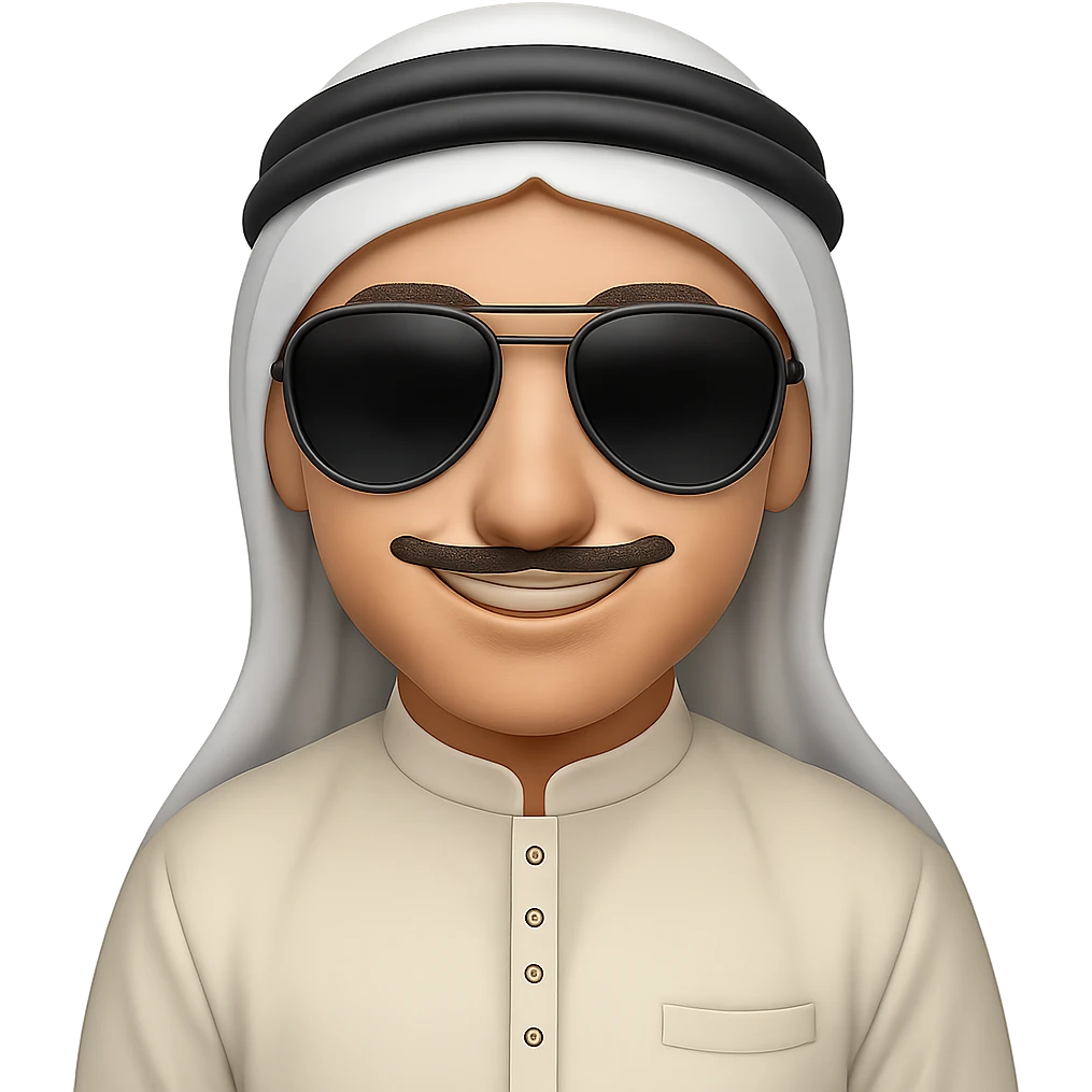 Add stylish sunglasses to the Emirati man wearing traditional white kandura and ghutra, maintaining a friendly expression. The image should have no background. Preserve the traditional attire and the friendly vibe clearly in the style of an edited image. emoji