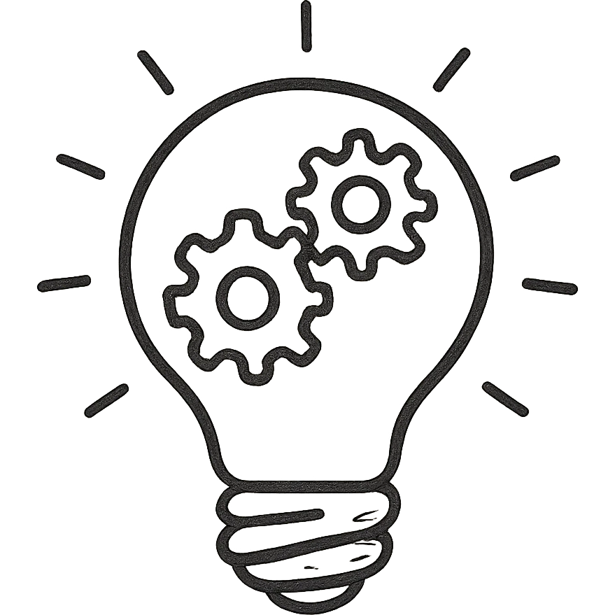 lightbulb with gears inside, symbolizing problem solving, modern icon style, hand drawn black outlined emoji