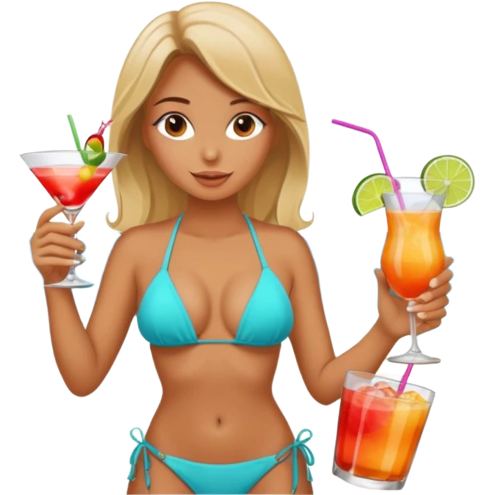 a girl enjoying herself  in beach wearing a sexy bikini with drink on her hand emoji