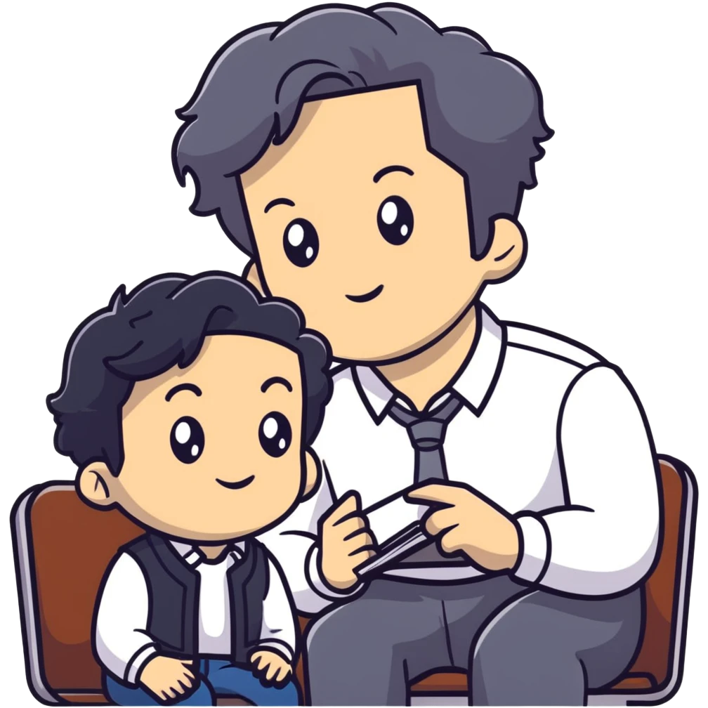 Management educator with black wavy hair, stubble, strong features, white skin, smart casual attire, sitting with a young professional, providing career guidance and mentorship, thoughtful listening expression emoji