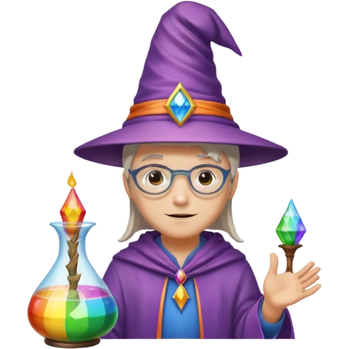 costume, wearing wizard hat custome, with glass vase, rainbow emoji
