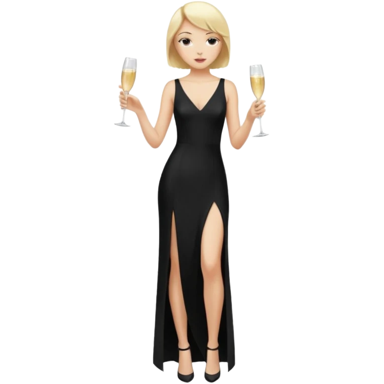 Blonde Woman, Long black slipdress, Slot left Leg,man black Cut,fly, Champagner glas emoji