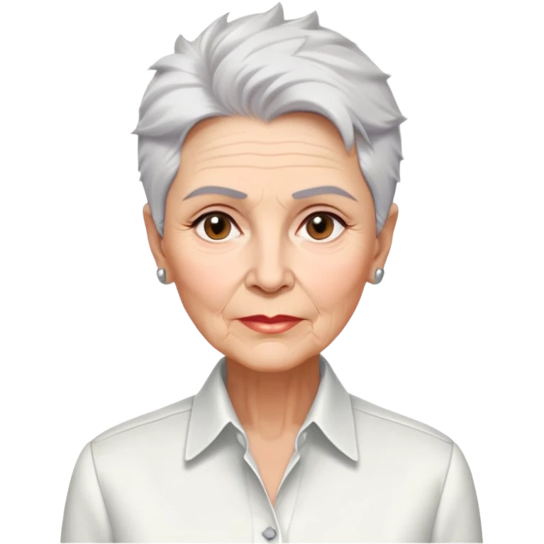 Elderly Marian Pabón with elegant facial features, light rosy complexion, expressive eyes with age lines, medium well-defined lips, sophisticated pronounced cheekbones, short spiky silver hair styled like a men's cut, dressed in a crisp white button-up shirt emoji