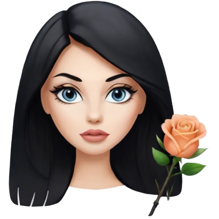 Glamours, tanned, very beautiful girl, with big pump peach-beige-rose lips, eyeliner, long lashes, black straight smooth silky long hair, straight parting hair, blue-grey eyes in black clothes emoji