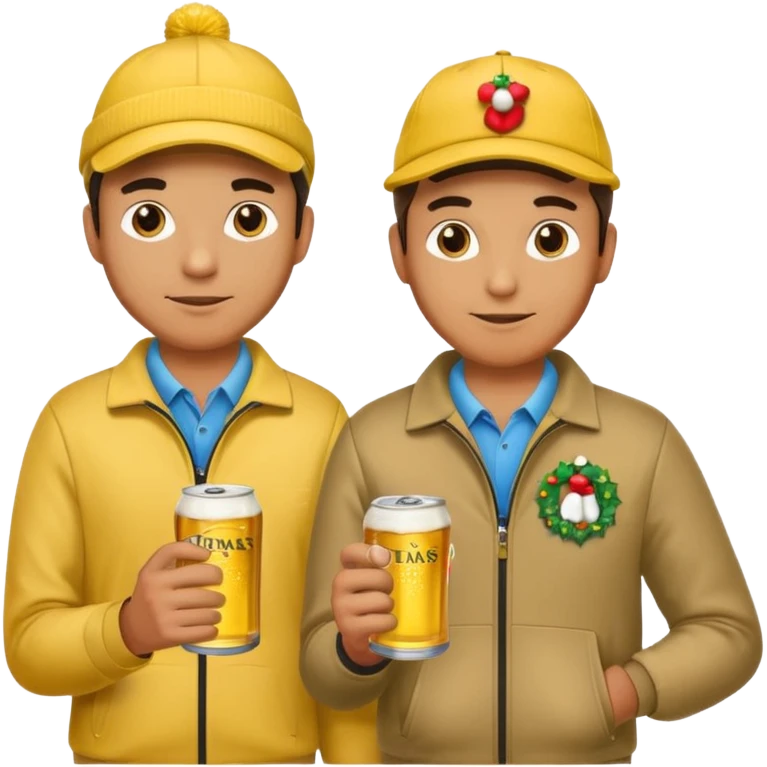 16 men on a golf trip wearing yellow golf caps all holding a beer can with a Xmas style label. Has to be 16 of them. emoji