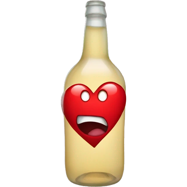 A red heart ❤️ with eyes, a mouth, and hands, tipsy and drunk, holding a bottle, looking wobbly and playful emoji