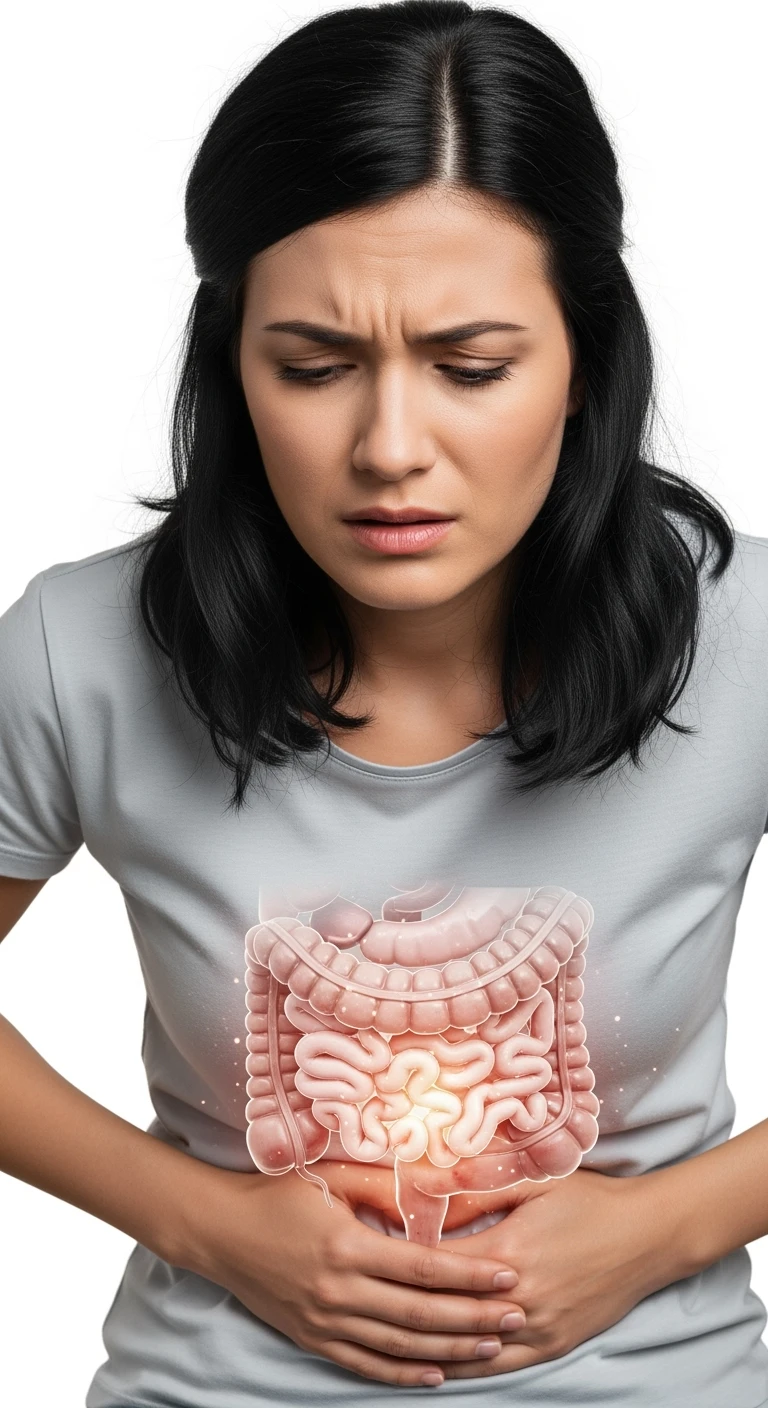 donna stressata con intestino umano anatomico in evidenza, iperrealistica 4k, sfondo bianco emoji