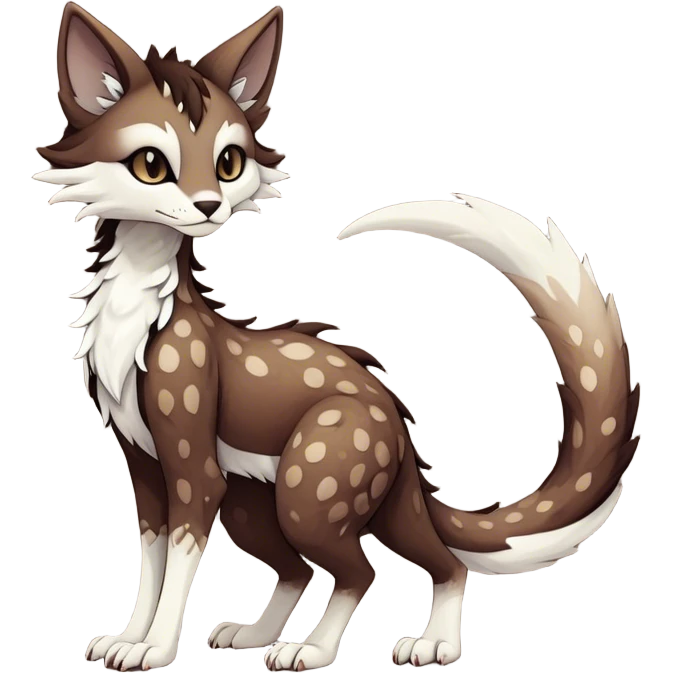 Kawaii dark edgy brown beige white fantasy ethereal feline-vernid-sergal-fursona animal creature with a tufted tail full body with intricate markings  emoji