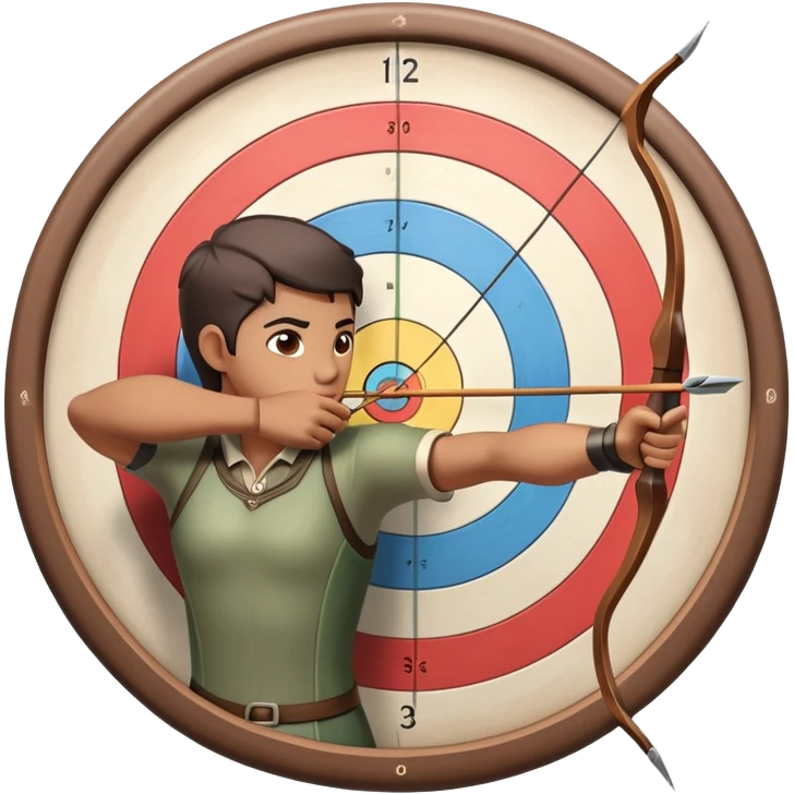 An archer drawing a bow and aiming an arrow at a target, with perfect focus and precision. The target is visible in the background, featuring concentric rings. The scene captures the concentration and skill involved in archery, emphasizing the elegance and accuracy of the sport. emoji