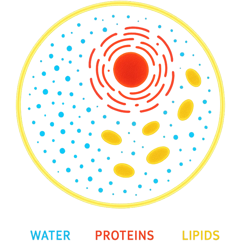 Zelle, deren Inhalt leuchtet in verschiedenen Farben (z. B. blau für Wasser, rot für Proteine, gelb für Lipide emoji