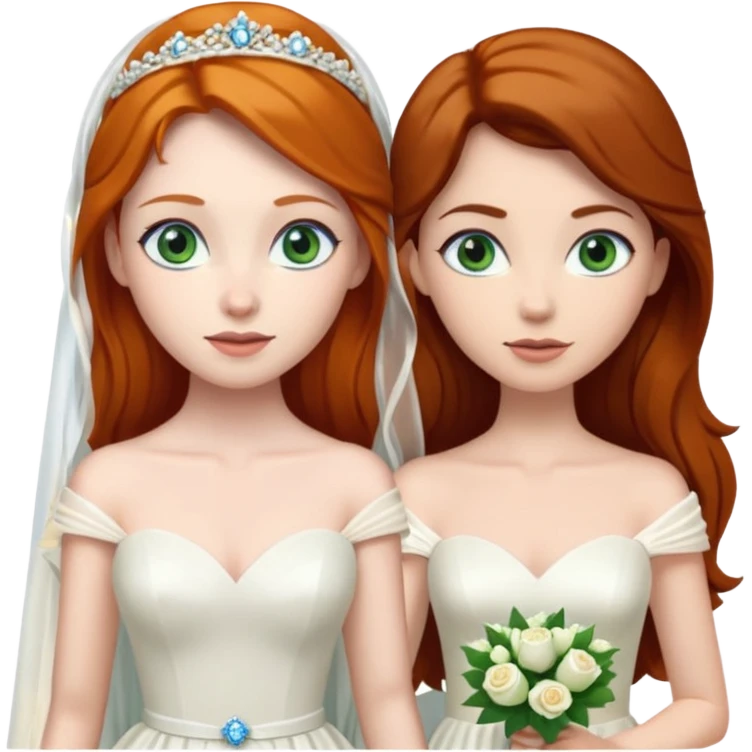 A ginger woman with blue eyes, marrying a taller, pale woman with very dark brown hair and green eyes, both in wedding dresses. emoji