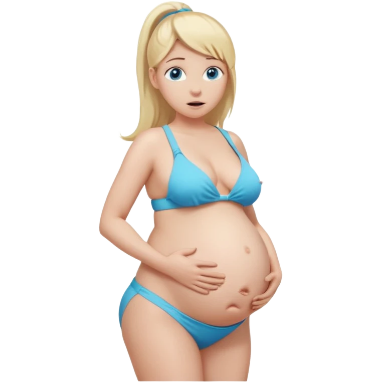 White girl, long blonde ponytail, blue eyes, huge pregnant belly, full body, white bikini, scared expression, looking at belly, front view. emoji