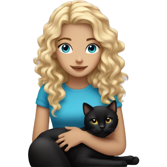 blonde girl with curly hair and blue eyes holding a black cat emoji