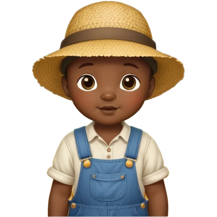 African baby in vintage countryside clothes, overalls, straw hat, chubby cheeks, rural farm setting emoji