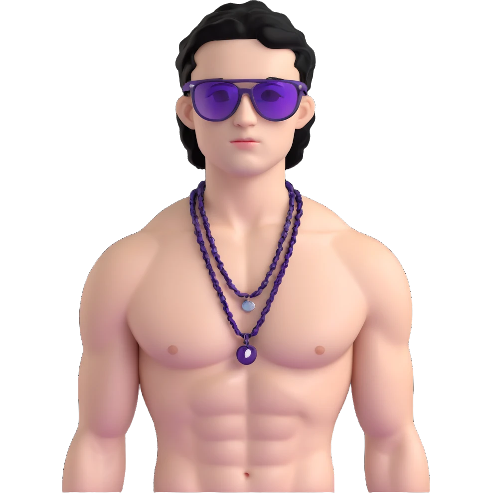 shirtless male athlete with white skin and moderately curly black hair on top with shaved sides, wearing purple sunglasses with very dark heavily tinted black lenses, and a simple plain black chain necklace with absolutely no pendant or decoration emoji