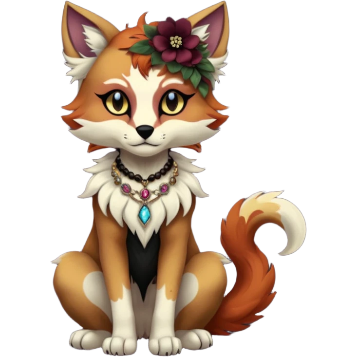 Multicolored gloomy dark edgy Victorian spooky hot warm badass realistic floral exotic Falvie-Fionbri-fursona, full body, wearing jewelries emoji