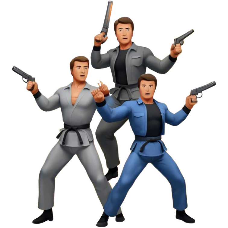 Icon for Action Movies: Collage of photorealistic actors Arnold Schwarzenegger and Sylvester Stallone, surrounded by explosions, weapons, and martial arts moves. The design should capture the high-energy, dynamic nature of their films. Transparent background. emoji