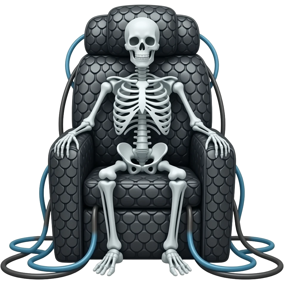 A high-tech electric chair frontal made of electric wires and cables with rubber scales that reveal its electric skeleton emoji