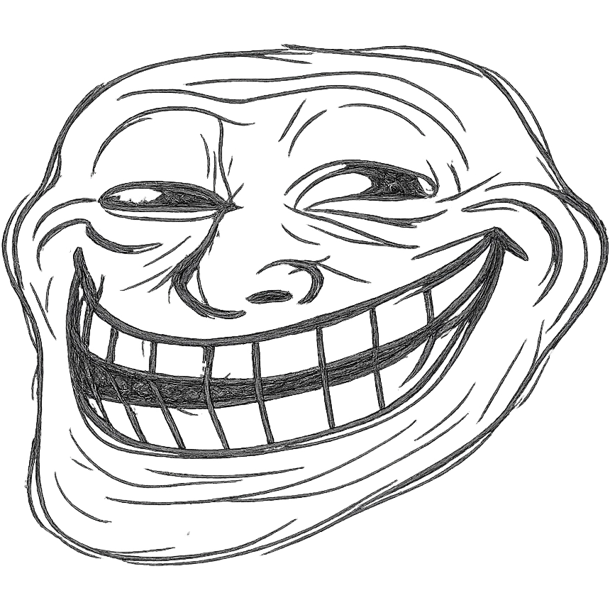 troll face meme, classic internet style, exaggerated mischievous grin, black and white, bold lines emoji