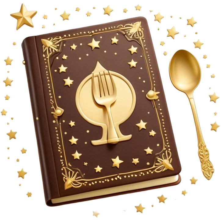 Magical glowing cookbook with a sparkling fork and spoon symbol on the cover, surrounded by tiny stars and magical sparkles emoji