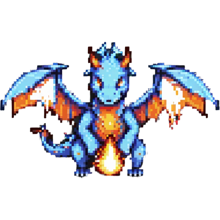 pixel art dragon with tiny wings, breathing a small flame emoji