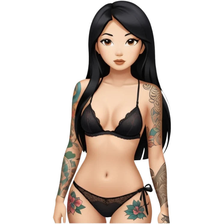 Beautiful Asian woman with long black hair and tattoos on body in black lingerie sfw emoji