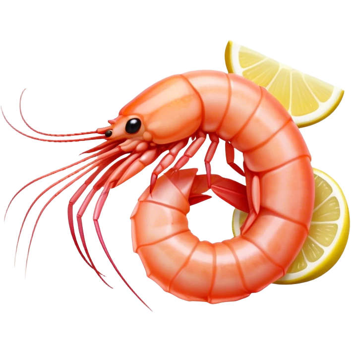 Cinematic glistening shrimp, pink and juicy, slightly curled with a light char, served with lemon wedges, ultra-detailed and fresh, warm glowing background. emoji