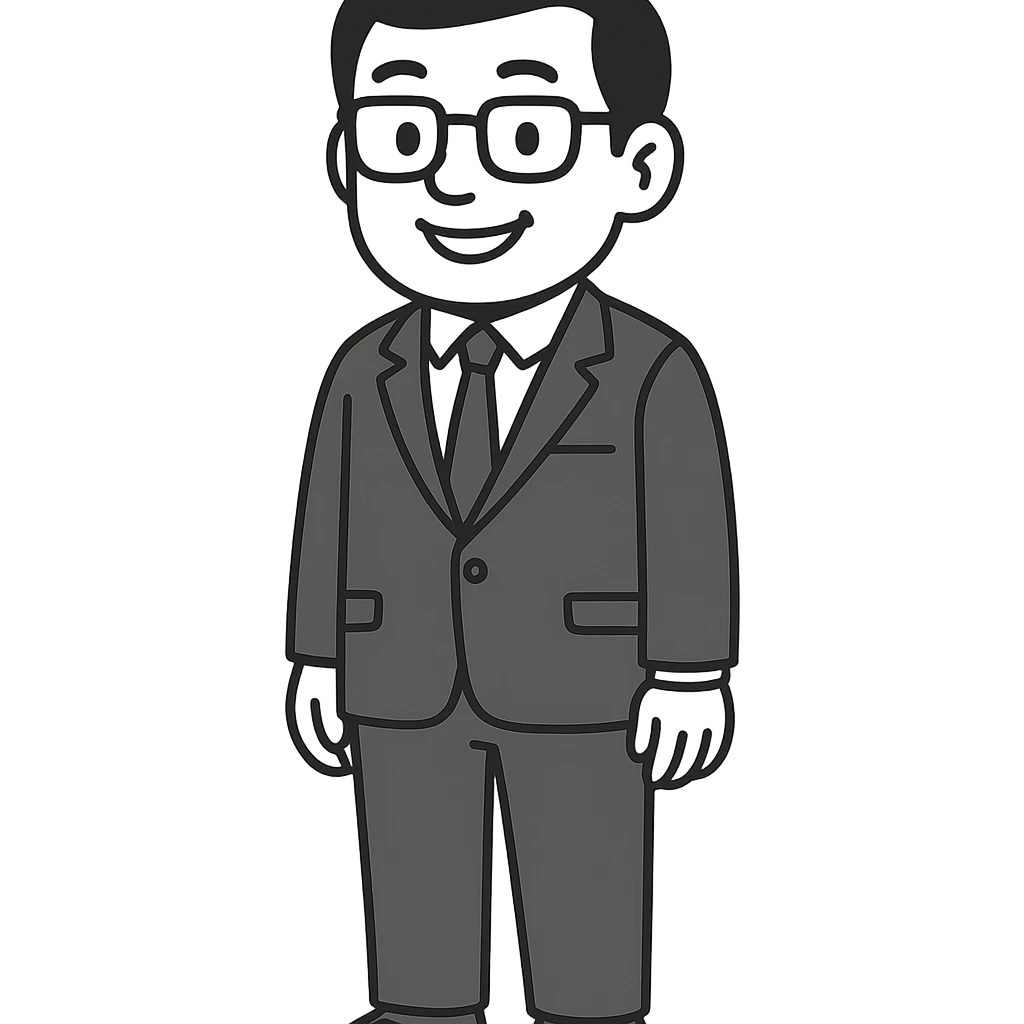 A professional and friendly Asian male character in his 30s-40s, with a balanced build, neat black short hair, and black-framed glasses. He is wearing a dark blue suit jacket, white shirt, and dark blue tie, with brown leather shoes. He is standing upright with a relaxed and confident posture, hands naturally at his sides, and feet slightly apart. Version with a warm and welcoming smile. emoji
