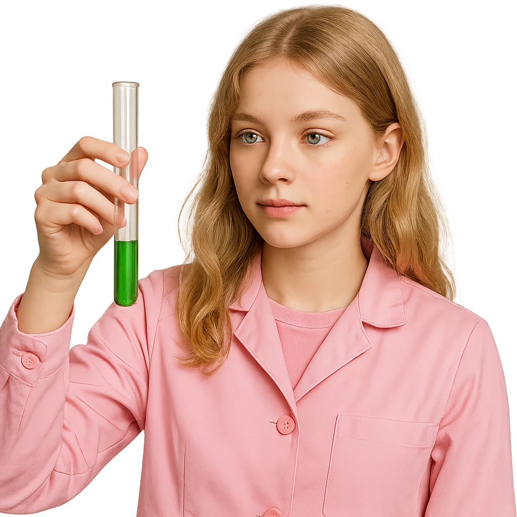 blonde girl with green-grey eyes, dressed in pink clothes, holding a test tube, chemist style emoji