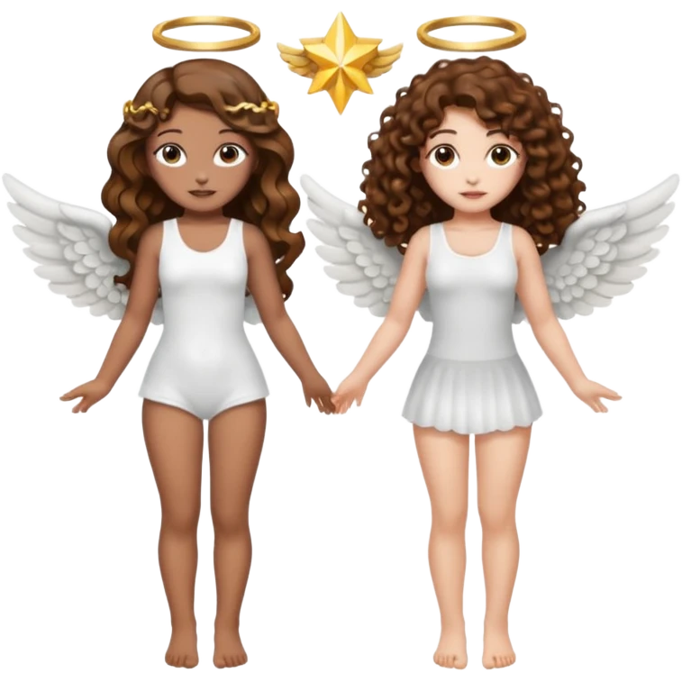 fake angel pose — long wavy brown hair tattooed woman and short tight curly brown hair woman — halo sparkle emoji