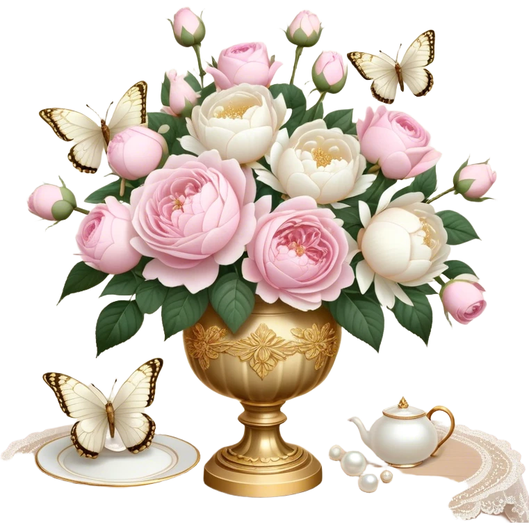 A romantic vintage still life featuring a bouquet of soft pink roses and lush white peonies in an ornate gold-trimmed ivory vase, with delicate pearl butterflies resting on the petals, set on a lace-covered wooden table. emoji