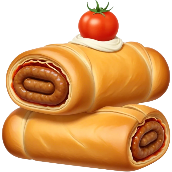 cinematic-realistic-sausage-roll-dish-emoji,-depicted-with-a-crisp,-golden-pastry-wrapped-around-flavorful-sausage,with tomatoe sauce on top emoji