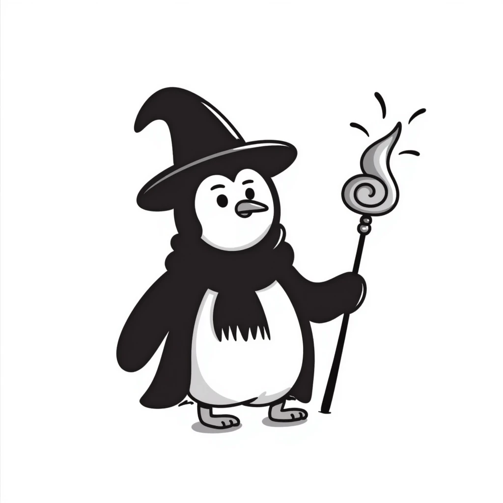 penguin wizard with big hat and staff emoji
