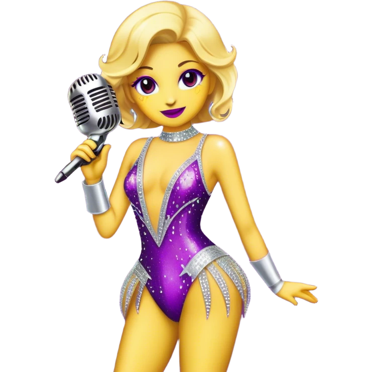 Create a glamorous and vibrant emoji representing stage vocal performance. The design should feature a humanless collage of classic vintage microphone, stage costume covered in rhinestones, sparkling brightly. The costume should be stylized, with glittering elements like sequins and sparkles, and reflect the glitzy, extravagant nature of show business. The microphone should have a sleek, retro look with chrome or metallic accents. Use rich, dazzling colors like gold, silver, deep purple, and bright red to evoke the glamorous, larger-than-life feel of a stage performance. The background should be transparent. emoji