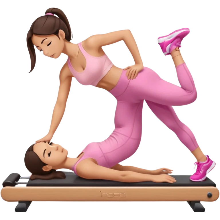 white brunette girl in light pink workout clothes doing a plank on a reformer emoji