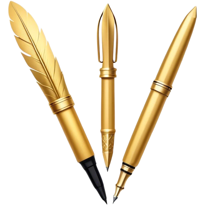 two golden quills with feathers and fountain pen tips crossing in front of each other like an X
Color: Gold. style like an emoji with gradients and shadowing minimal esthetic, white backgroudn emoji