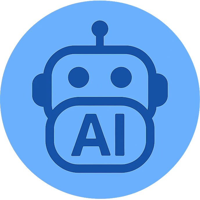AI logo for social media, stylized robot face inside a circle, minimal, flat blue palette, clear lines, high recognizability emoji