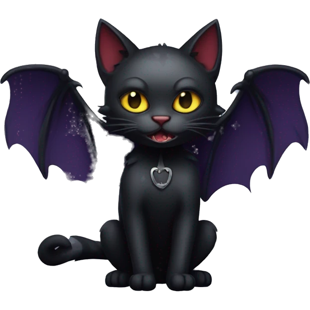 Black vampiric Cat-Fakémon with big fangs and bat wings on head and bat wings on back full body emoji