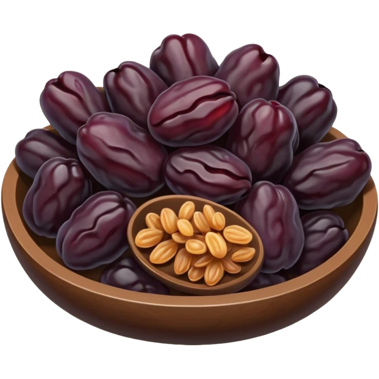 small cluster of raisins, dried, deep brown to purplish, wrinkled, glossy, irregular shriveled, soft curves, subtle texture, no stems, no bowl, no garnish, soft lighting, transparent background, emoji scale emoji