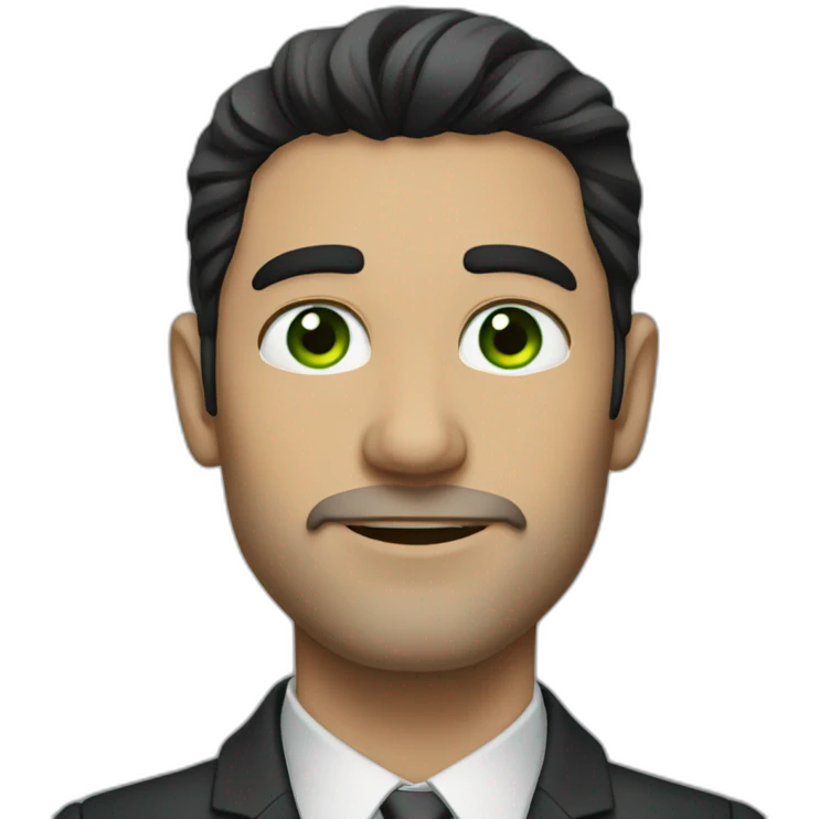 a man with long dark hair in a suit, green eyes emoji