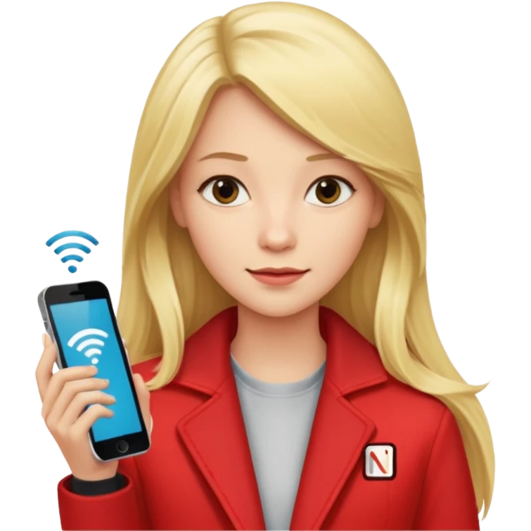 mujer  joven rubia con pelo largo y saco rojo con modem de internet y wifi con netflix emoji