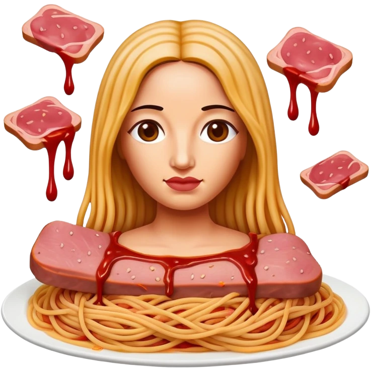 monalisa with SPAM meat melted pink dripping sauce spaghetti portrait emoji