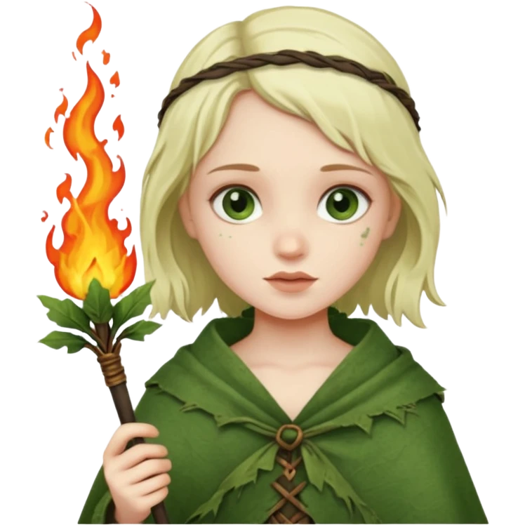 ancient european girl, tattered leaf green cloth, hold fire stick emoji