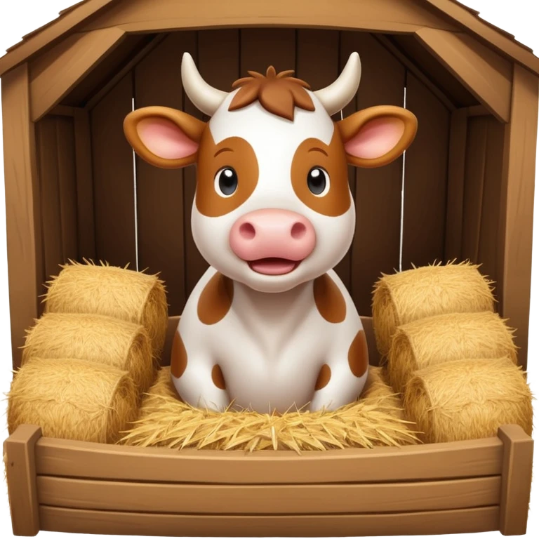 cute cow feeding scene inside a cow barn, wooden stable, hay bales, feeding trough, happy cow eating hay, warm farm lighting, 3D cartoon, mobile game icon style, clean background, no text, no watermark
 emoji