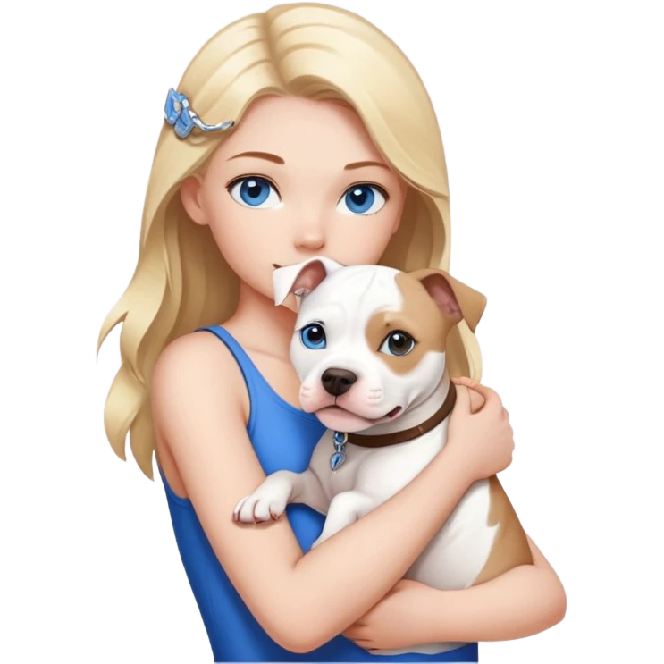 Blonde girl with blue eyes holding a american stafford who’s white and has a little brown on his back emoji