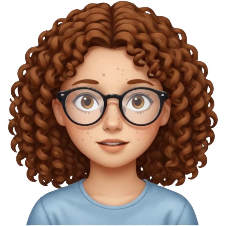 make a really curly hair, teen girl with glasses and late acne that looks like freckles emoji